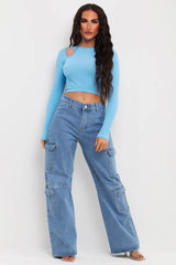 long sleeve ribbed cut out shoulder crop top