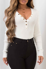 gold button ribbed bodysuit with long sleeves