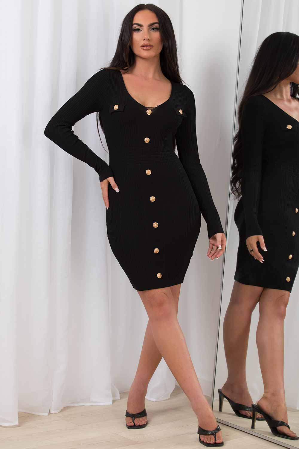 Midi Dress With Gold Buttons Long Sleeves Black Midi Dress With Gold Buttons Long Sleeves Black