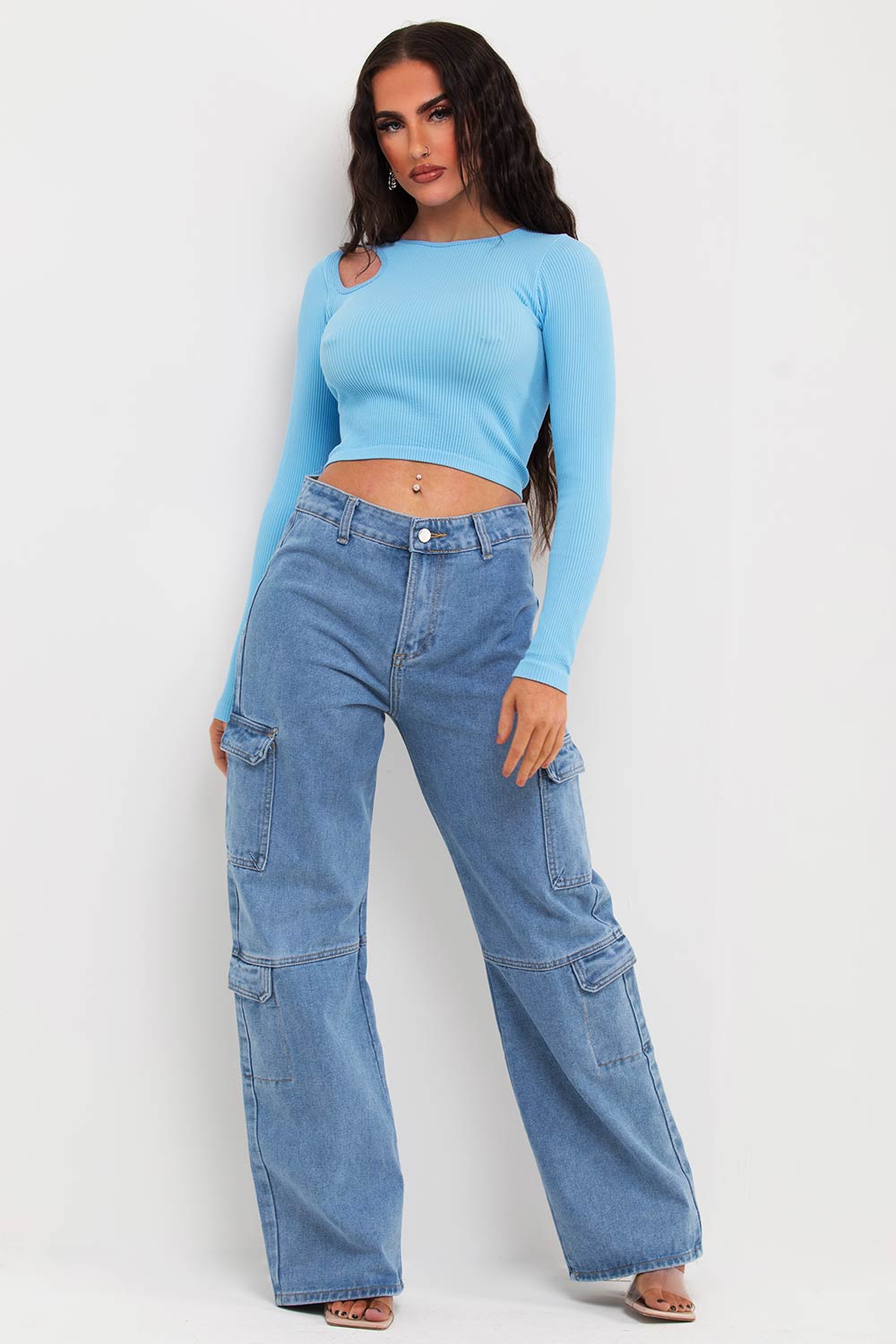 long sleeve cut out ribbed crop top