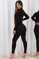 rib zip front long sleeve jumpsuit black