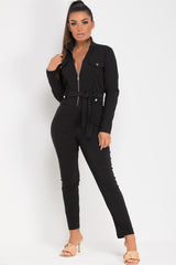 zip front long sleeve jumpsuit black