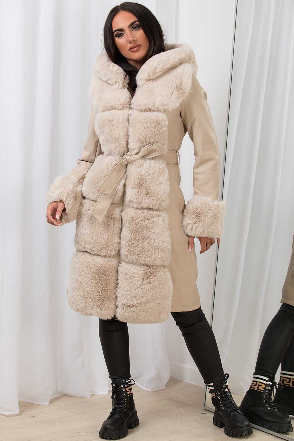 faux fur faux leather hooded jacket with belt