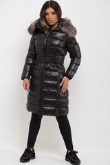 faux fur hood long puffer padded coat womens