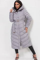 womens long puffer down coat with hood and belt