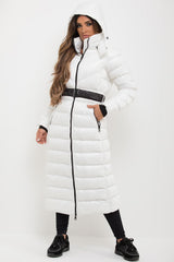 womens longline puffer padded hooded jacket with belt calvin klein