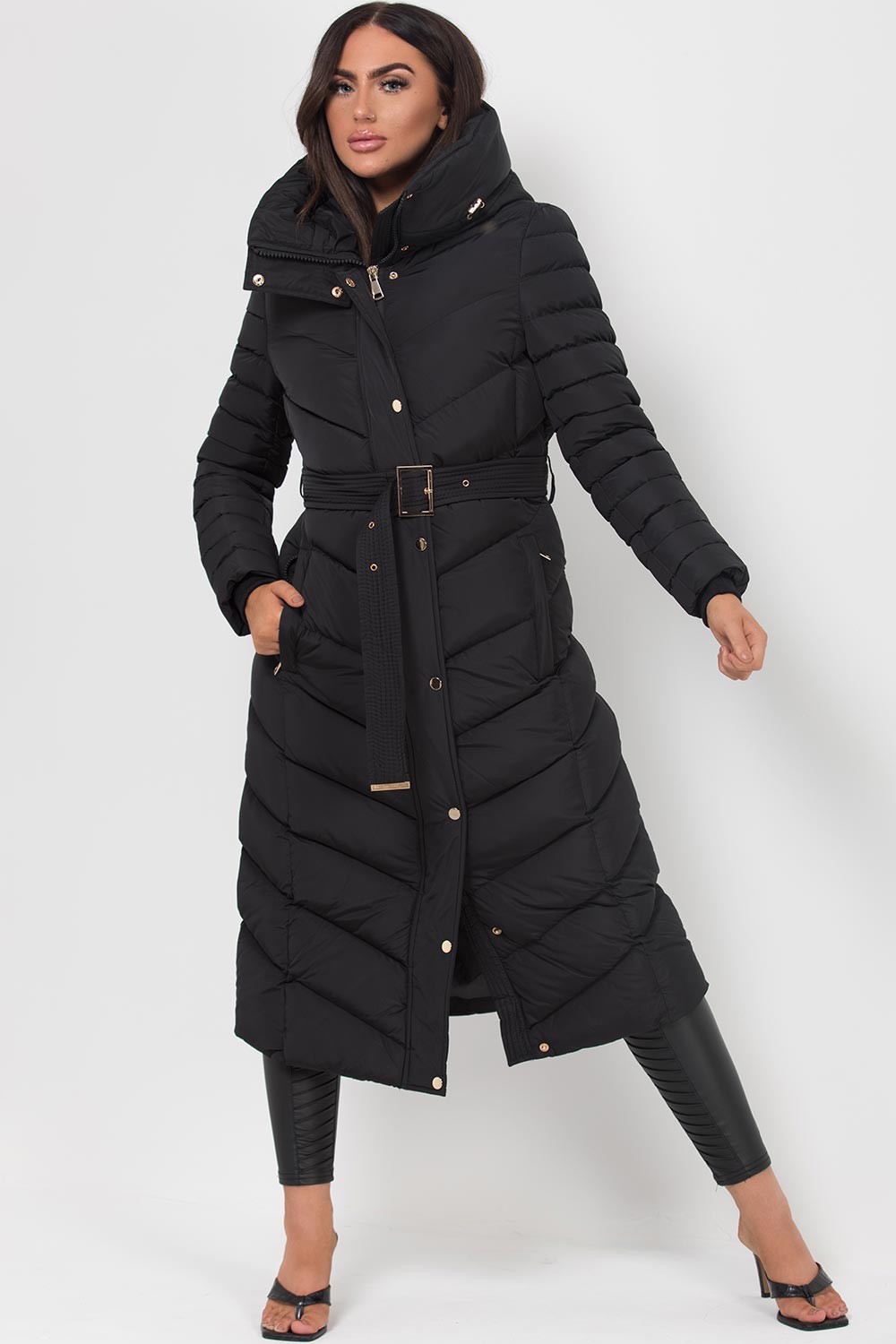 quilted padded puffer coat with belt black