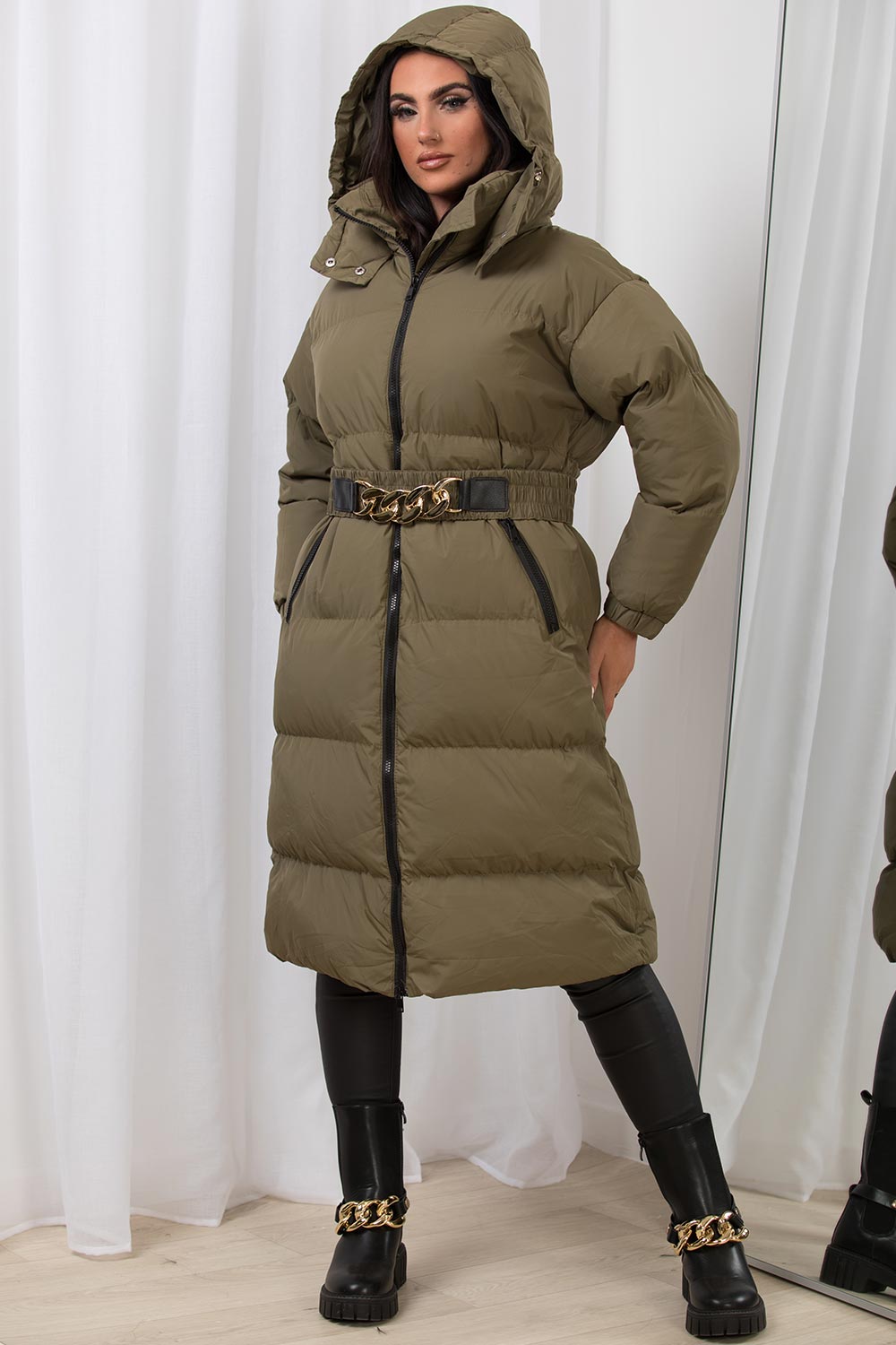 long padded puffer coat with belt womens uk