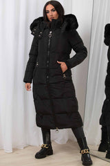 long puffer padded coat with faux fur hood
