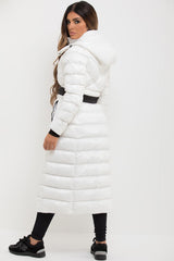 womens calvin klein long puffer coat with belt and hood