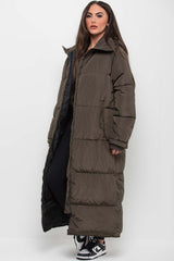 womens long puffer padded coat khaki