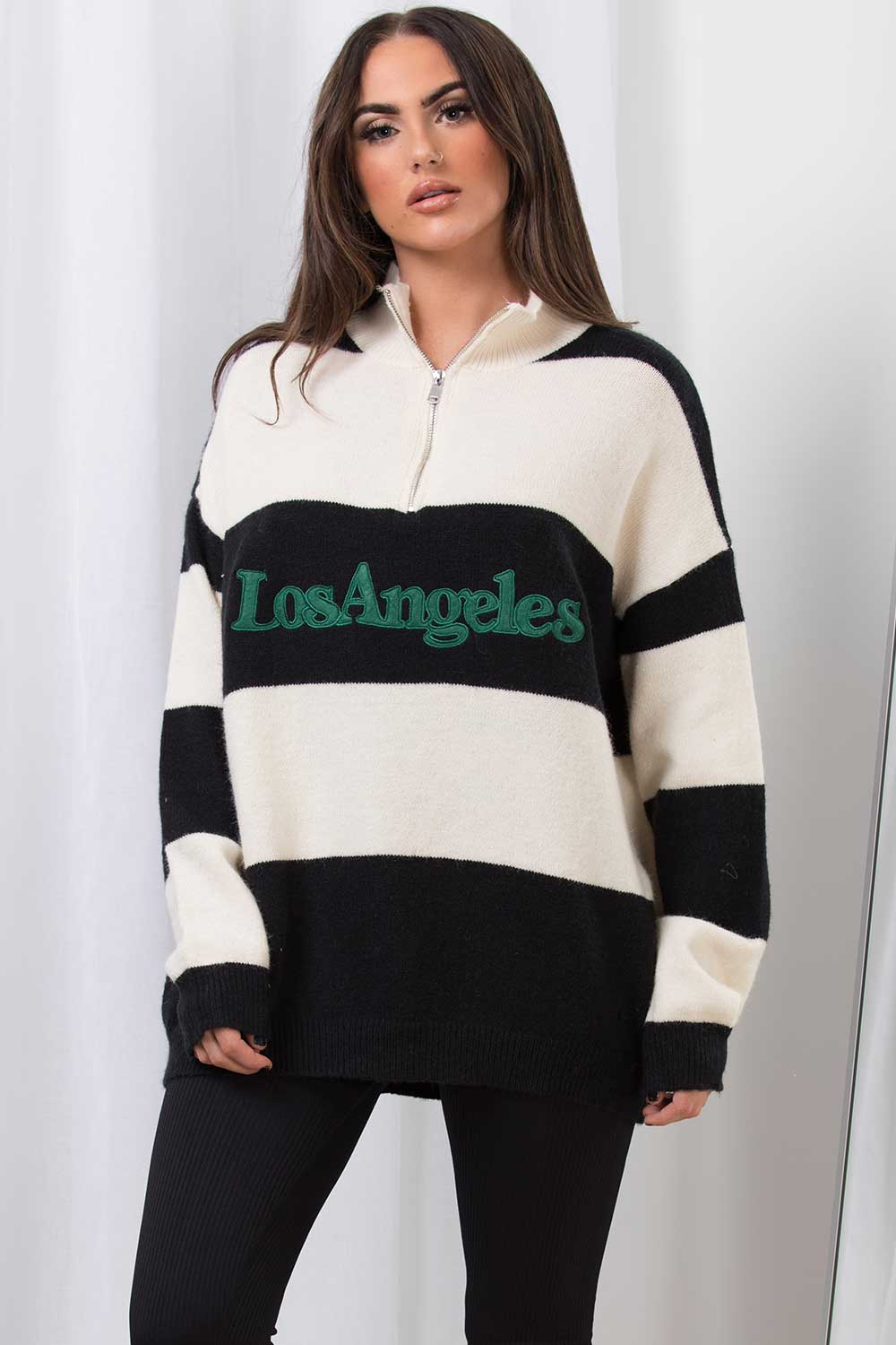 womens half zip striped oversized jumper