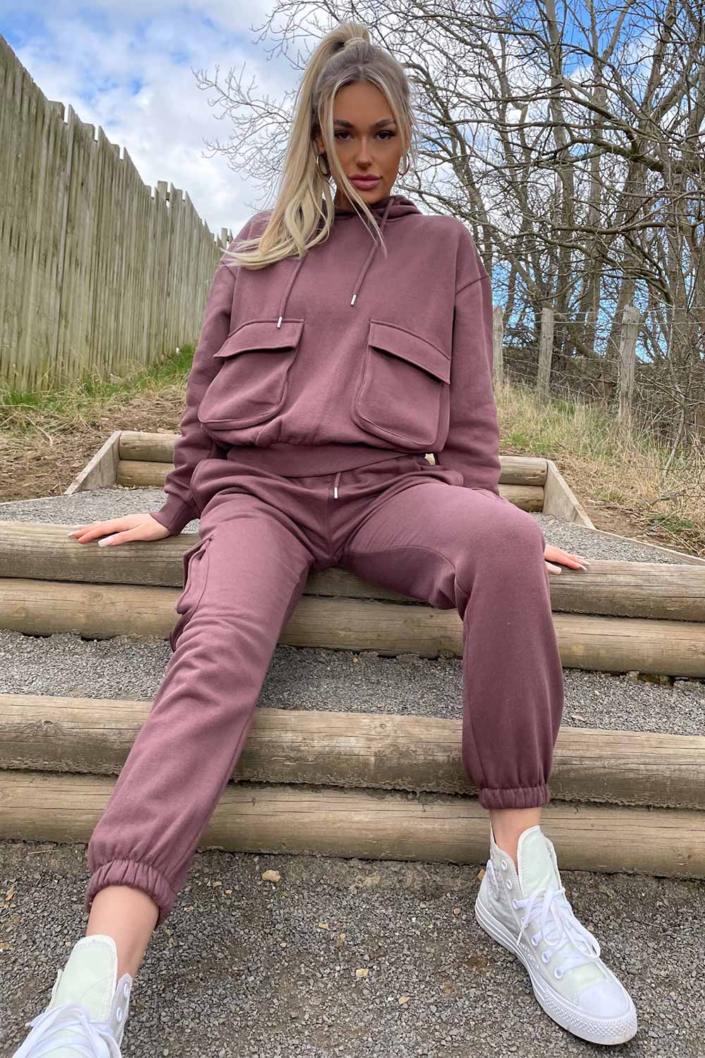 brown loungewear set with utility pockets 