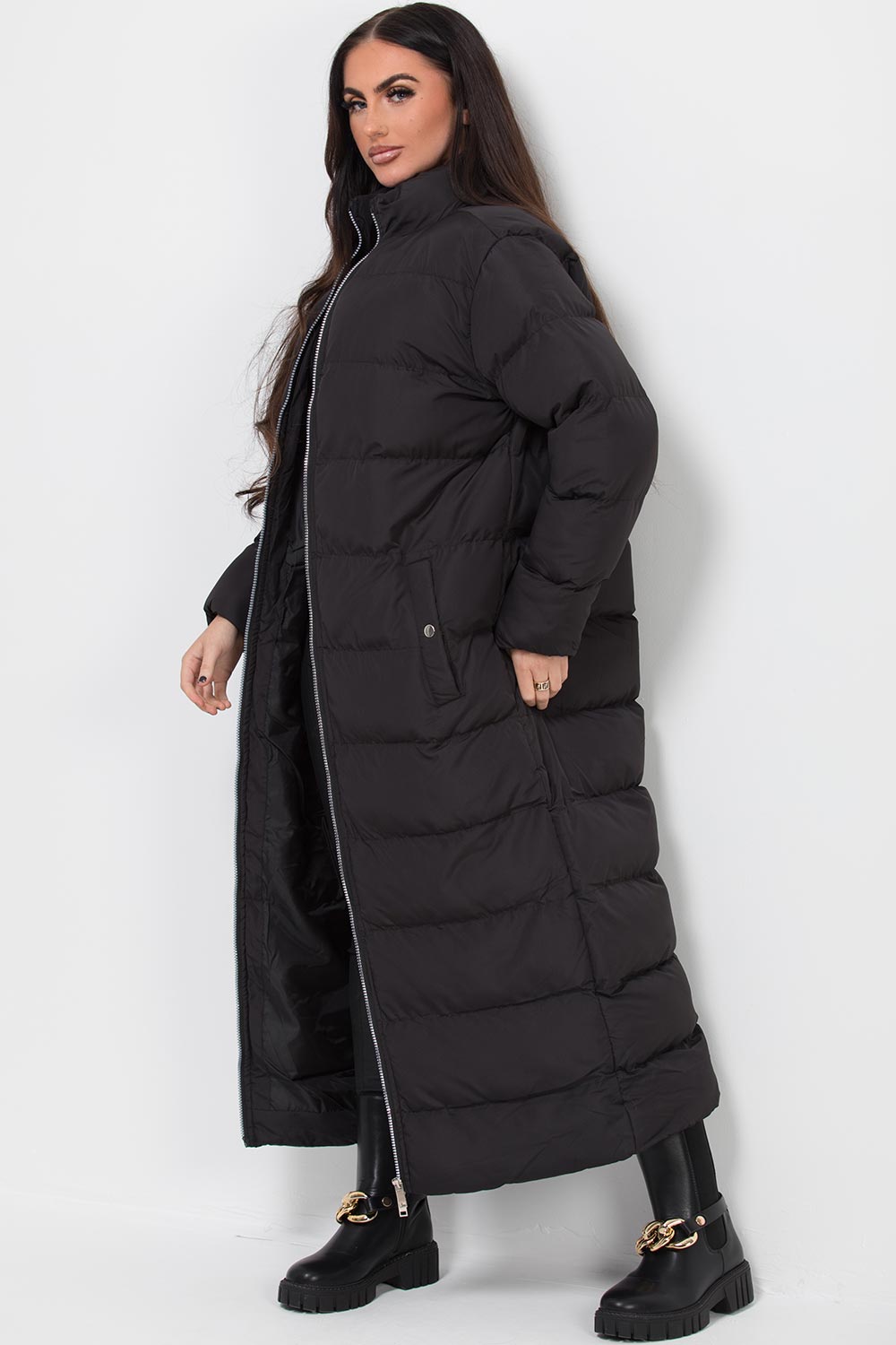 long black padded puffer maxi coat