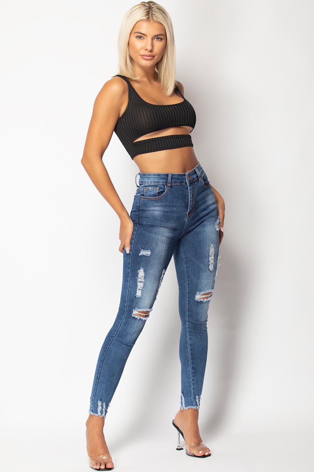 black front cut out crop top ribbed 