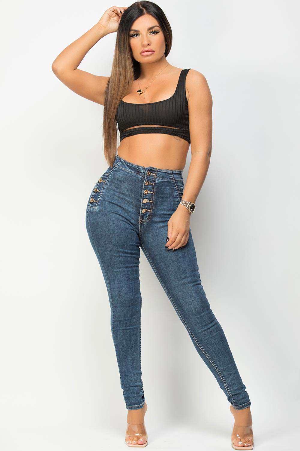 gold button high waisted jeans mid wash denim 