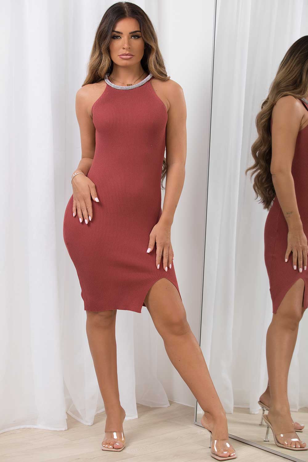 ribbed bodycon christmas party dress with diamante neck
