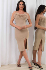 midi dress with feather trim and side slit