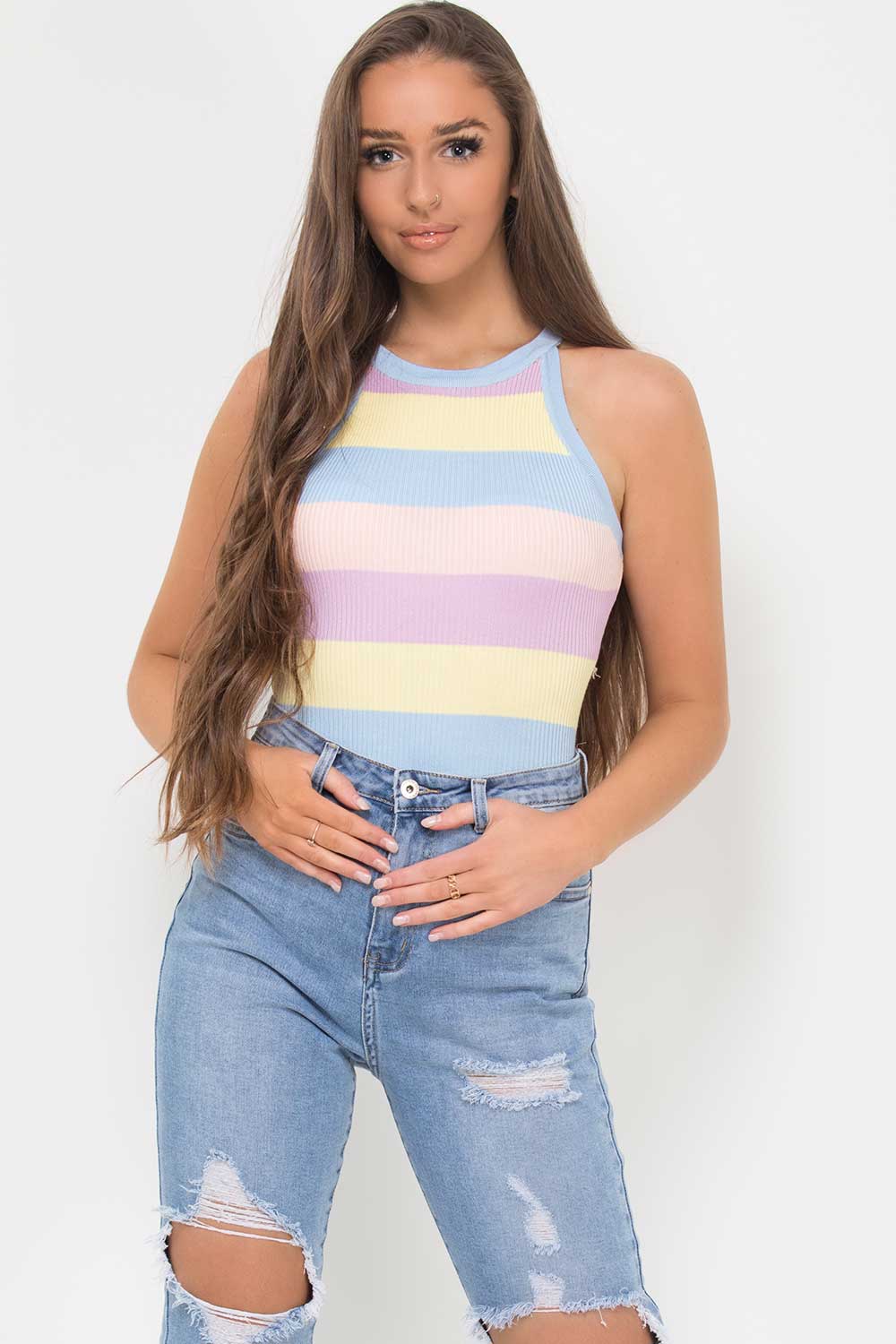 ribbed multicolour pastel stripe bodysuit