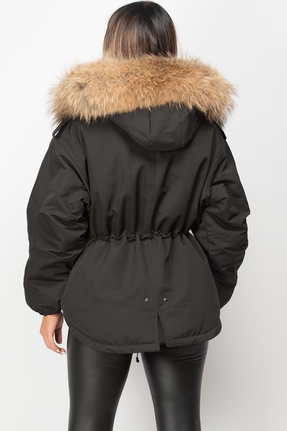 big natural fur hooded parka jacket black 