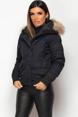navy bomber jacket with real fur hood