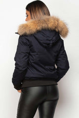 real fur hood bomber jacket navy 