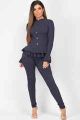 navy frill button detail ribbed loungewear set 