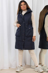 long hooded padded gilet with drawstring waist