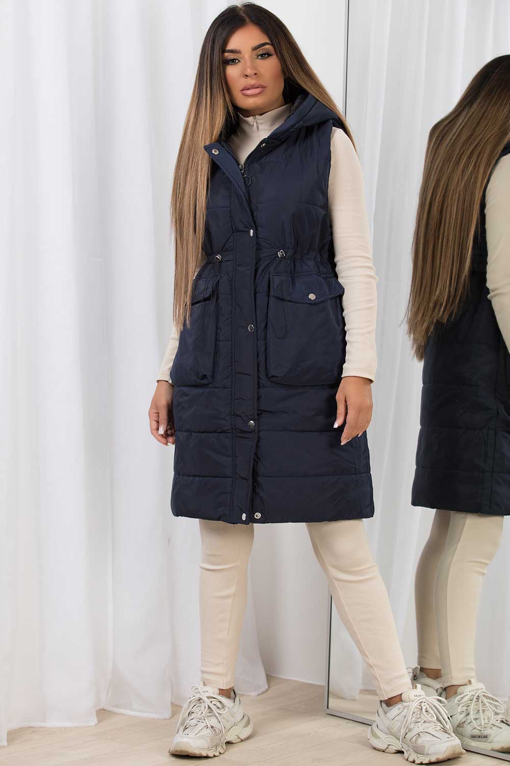 long padded gilet with drawstring waist navy womens