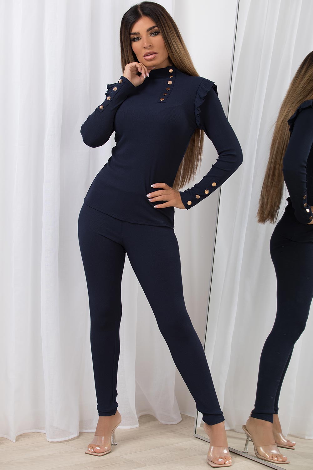 ribbed co ord set with gold buttons and frill shoulder navy