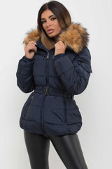 faux fur hood puffer padded jacket with belt