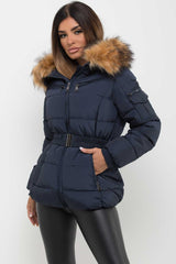 womens puffer jacket with belt and faux fur hood