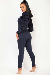 ruched puff sleeve cut out front loungewear set navy