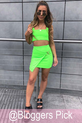 Neon Green Buckle Detail Wrap Skirt Crop Top Co-Ord Set