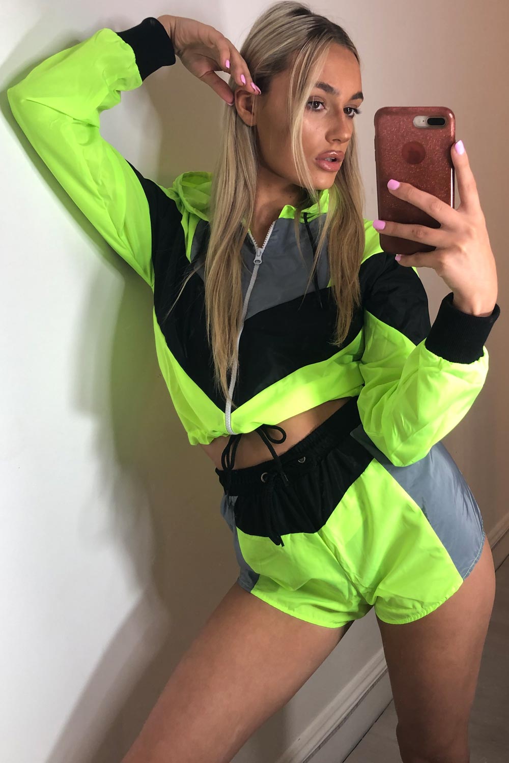 neon green colour block hooded shell suit 