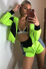 neon green colour block shorts and hooded jacket set 