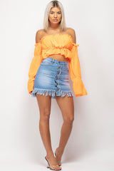 Neon Orange Ruffle Bardot Flared Sleeve Crop Top