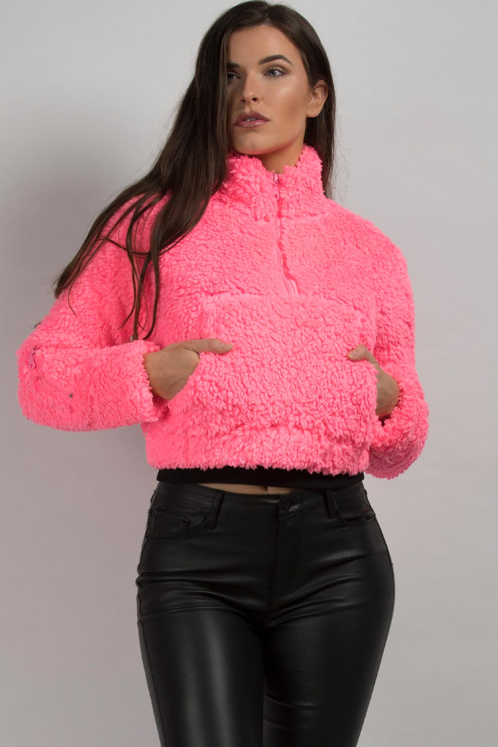 Neon Pink Teddy Bear Pullover Jacket