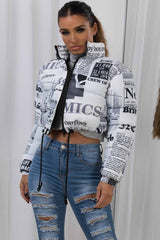 newspaper print crop puffer jacket