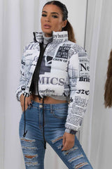 cropped newspaper jacket womens