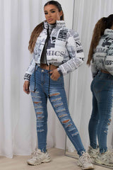 crop puffer jacket newspaper print