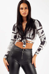 newspaper print tie front crop top white and black 