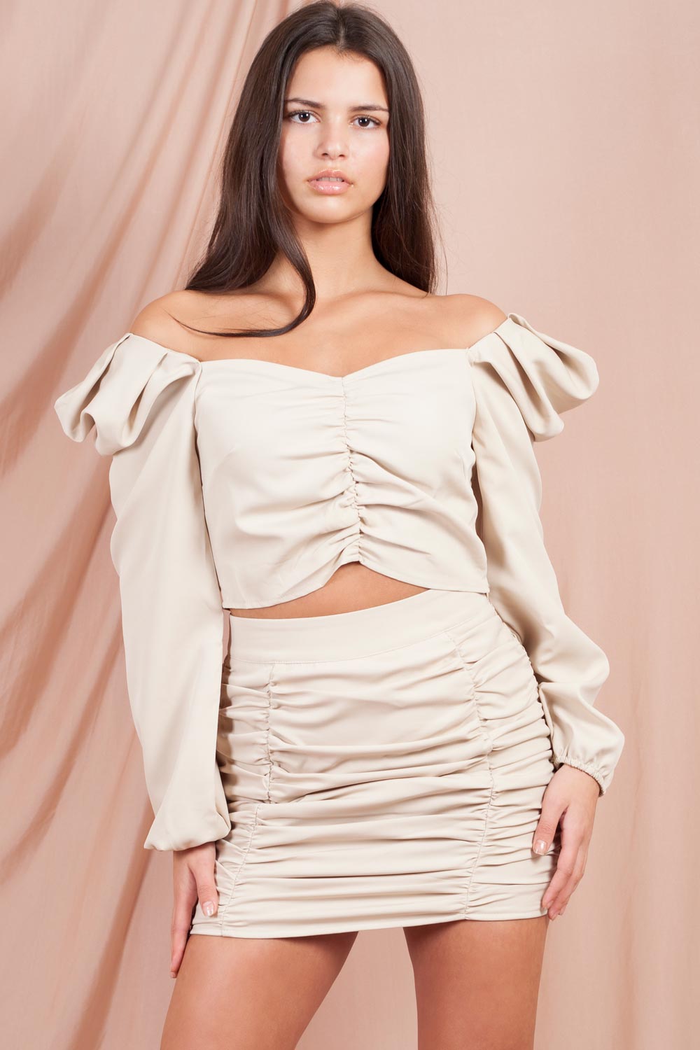 Ruched Front Skirt And Crop Top Set Blush