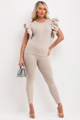ruffle frill sleeve ribbed top and leggings two piece co ord 