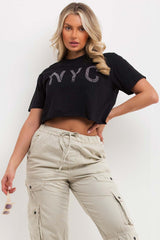 crop t shirt with nyc diamante detail