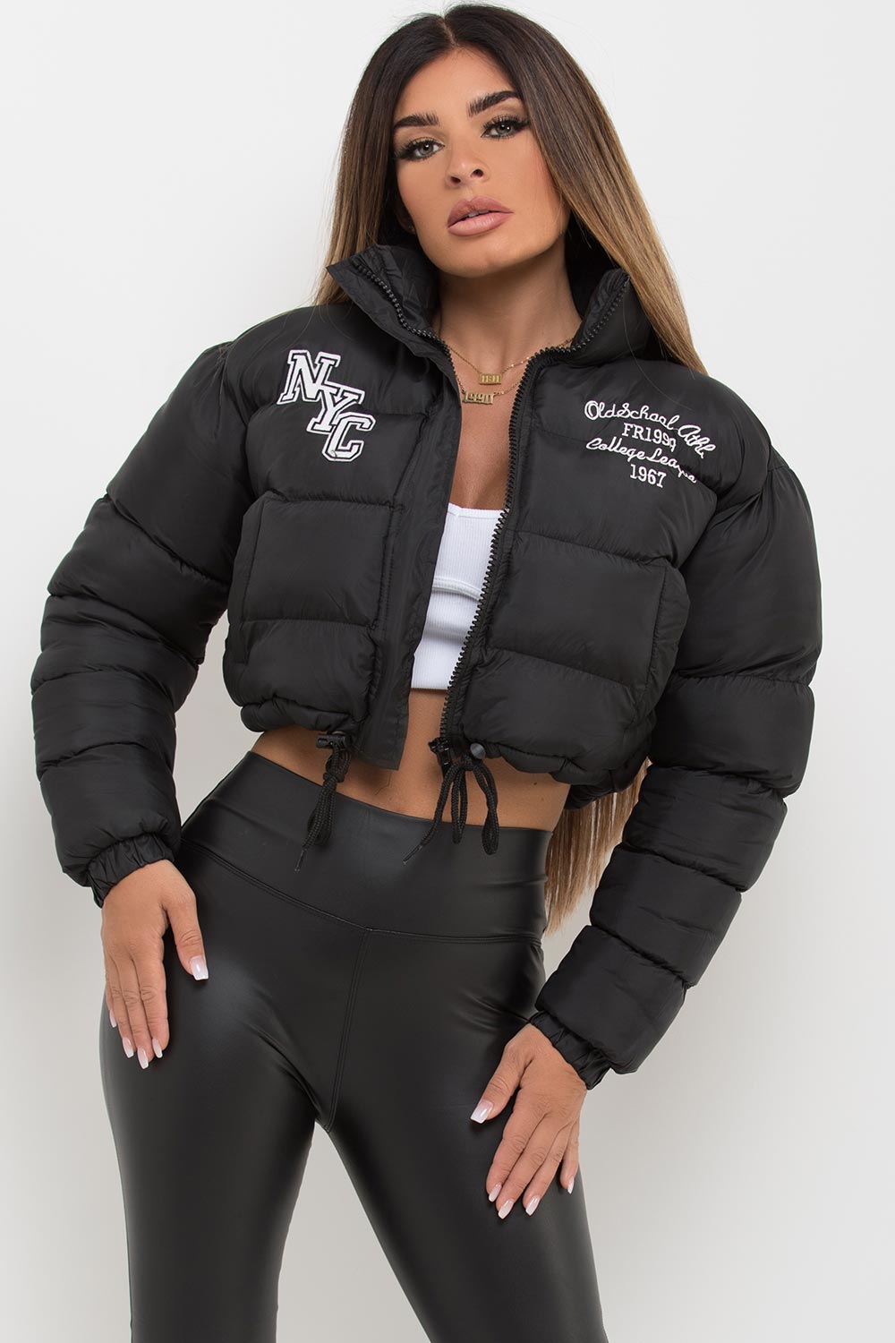black crop puffer jacket with nyc embroidery