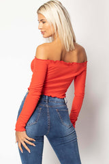 red bardot ruched detail crop top 