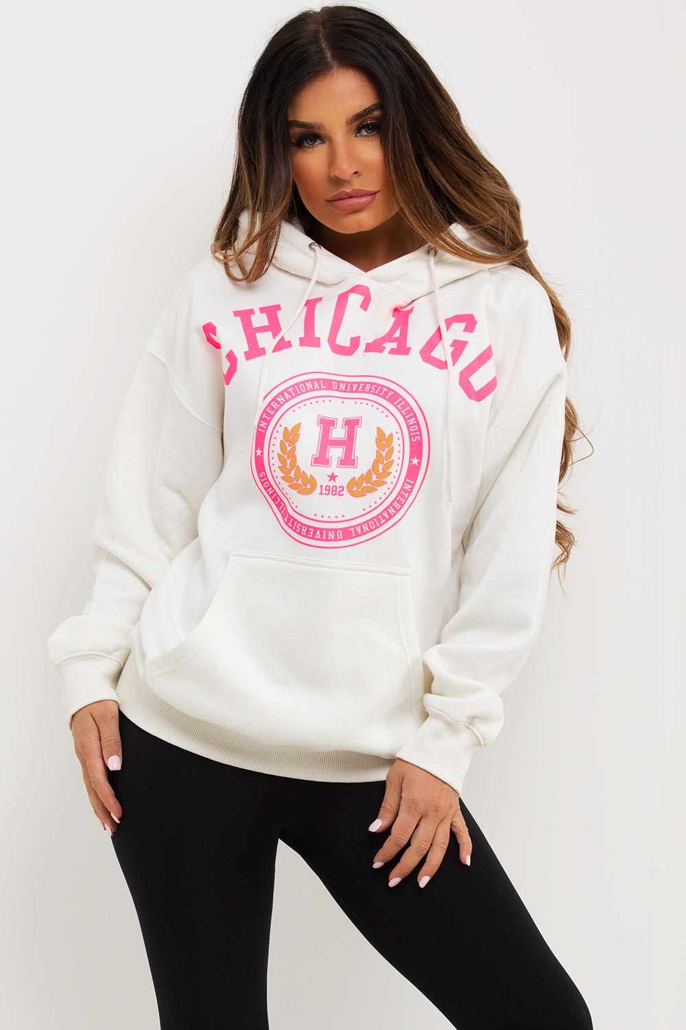 chicago print oversized hooded sweatshirt womens