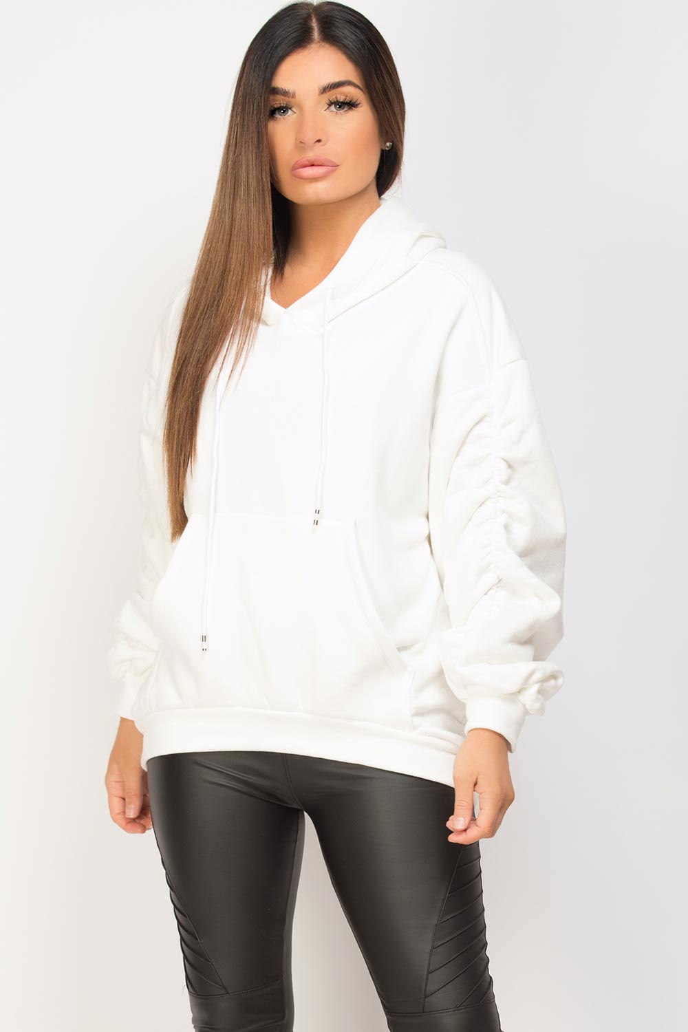 oversized hooded sweatshirt with ruched sleeves cream