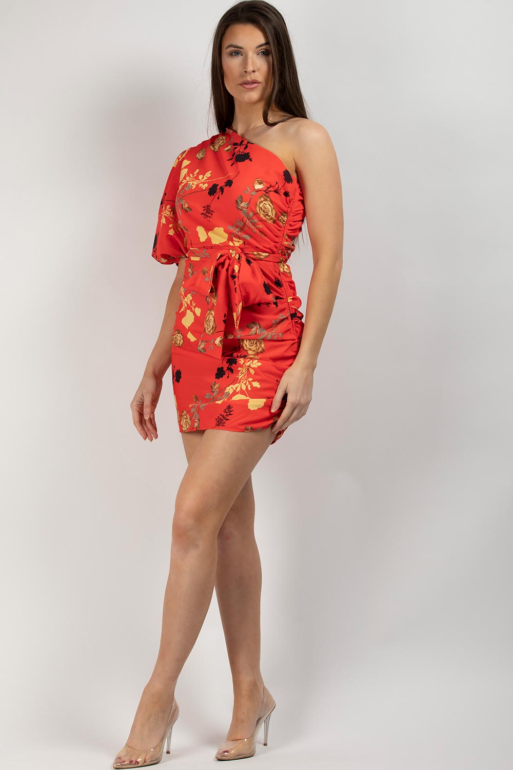 one shoulder puff sleeve floral dress red 